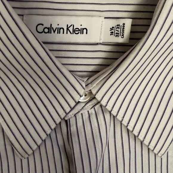 MENS CALVIN KLEIN White Purple Stripe Button Up Dress Shirt L - Picture 7 of 8